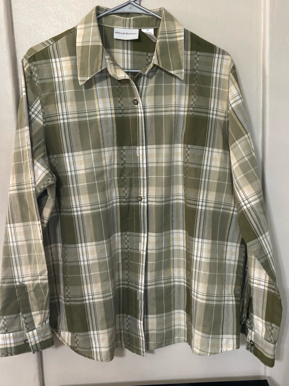 Alfred Dunner Olive and Cream Plaid Button-Down Shirt